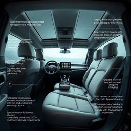 Design the interior of a recently created car with these features: 10-inch touchscreen with integrated navigation system, Apple CarPlay, and Android Auto compatibility