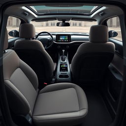 Design the interior of a recently created car with these features: 10-inch touchscreen with integrated navigation system, Apple CarPlay, and Android Auto compatibility