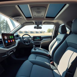 Design the interior of a recently created car with these features: 10-inch touchscreen with integrated navigation system, Apple CarPlay, and Android Auto compatibility