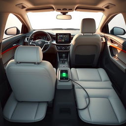 Design the interior of a recently created car with these features: 10-inch touchscreen with integrated navigation system, Apple CarPlay, and Android Auto compatibility