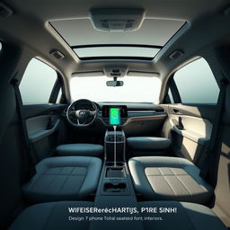 Design the interior of a recently created car with these features: 10-inch touchscreen with integrated navigation system, Apple CarPlay, and Android Auto compatibility