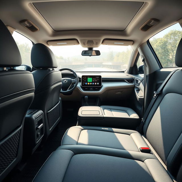 Design the interior of a recently created car with these features: 10-inch touchscreen with integrated navigation system, Apple CarPlay, and Android Auto compatibility