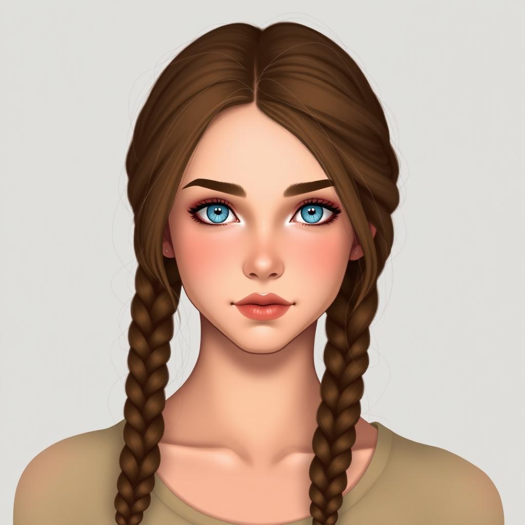 A 16-year-old female teenager with long brown hair wrapped in two braids that join into one