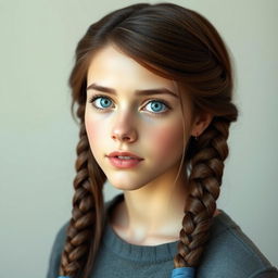 A 16-year-old female teenager with long brown hair wrapped in two braids that join into one