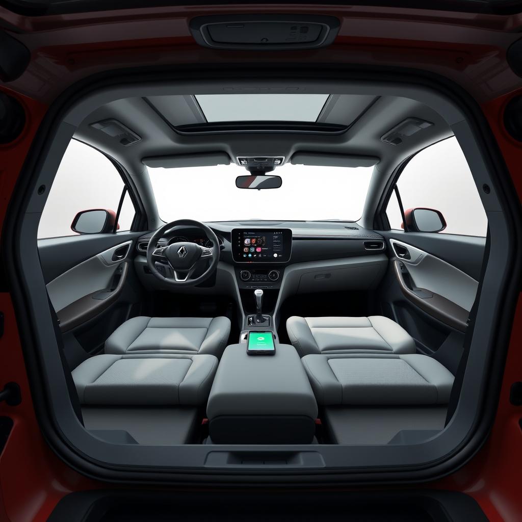 Design the interior of a recently created RENAULT car with these features: 10-inch touchscreen with integrated navigation system, Apple CarPlay, and Android Auto compatibility