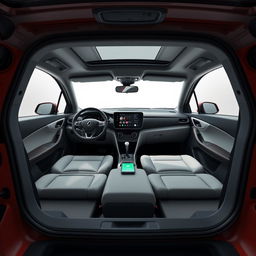 Design the interior of a recently created RENAULT car with these features: 10-inch touchscreen with integrated navigation system, Apple CarPlay, and Android Auto compatibility