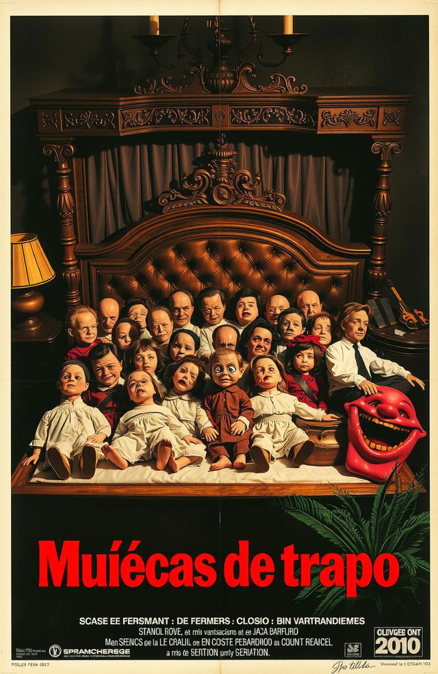 Un póster vintage de una película de terror española de los años 80 titulada 'Muñecas de trapo', con una gran cama antigua donde hay sentadas muchas muñecas de porcelana con las caras rotas y la ropa manchada de sangre