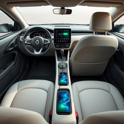 Design the interior of a recently created RENAULT car with these features: 10-inch touchscreen with integrated navigation system, Apple CarPlay, and Android Auto compatibility