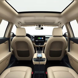 Design the interior of a recently created RENAULT car with these features: 10-inch touchscreen with integrated navigation system, Apple CarPlay, and Android Auto compatibility