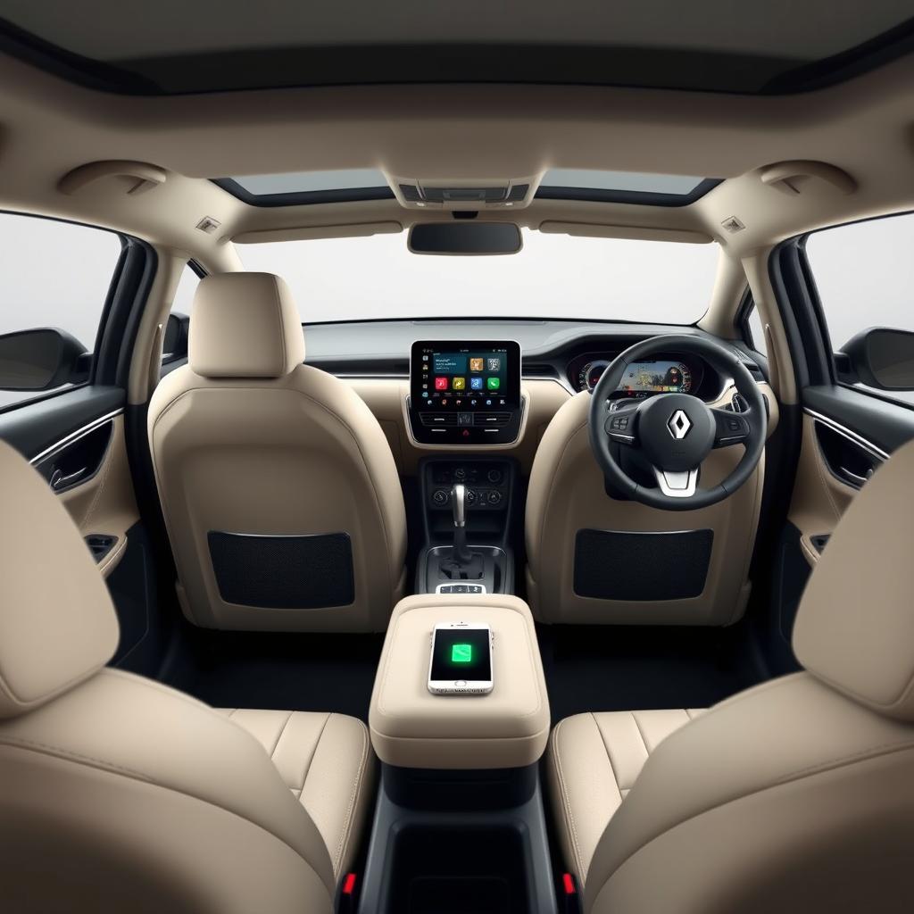 Design the interior of a recently created RENAULT car with these features: 10-inch touchscreen with integrated navigation system, Apple CarPlay, and Android Auto compatibility