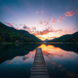 A serene landscape featuring a beautiful sunset over a calm lake, surrounded by lush green trees and mountains in the background