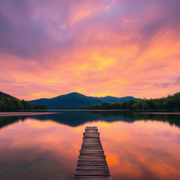 A serene landscape featuring a beautiful sunset over a calm lake, surrounded by lush green trees and mountains in the background