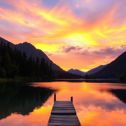 A serene landscape featuring a beautiful sunset over a calm lake, surrounded by lush green trees and mountains in the background