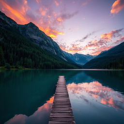 A serene landscape featuring a beautiful sunset over a calm lake, surrounded by lush green trees and mountains in the background