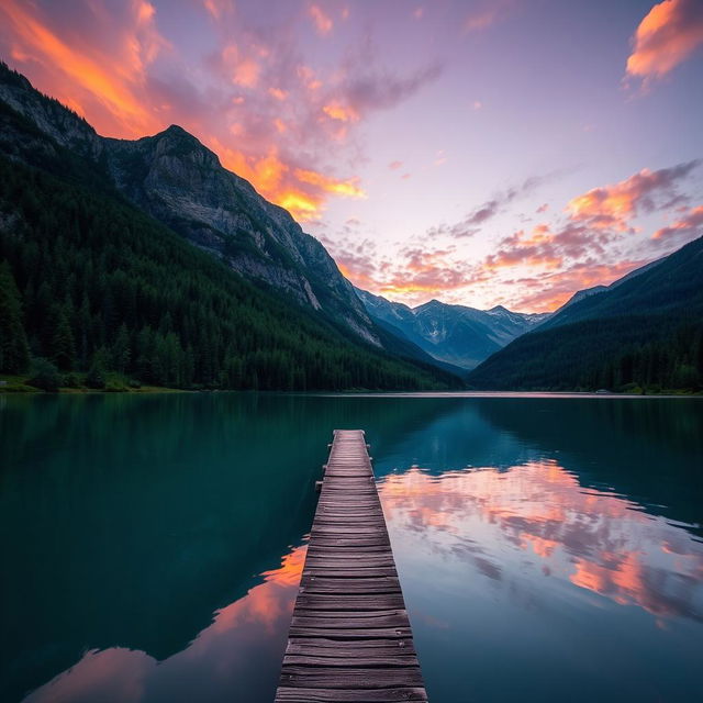 A serene landscape featuring a beautiful sunset over a calm lake, surrounded by lush green trees and mountains in the background