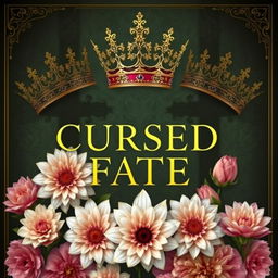 Create a book cover featuring beautiful dahlia flowers and ornate crowns