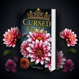 Create a book cover featuring beautiful dahlia flowers and ornate crowns