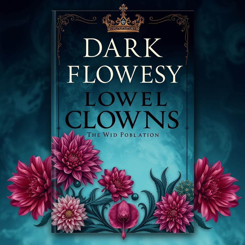 Create a book cover with a dark fantasy aesthetic featuring dahlia flowers and ornate crowns