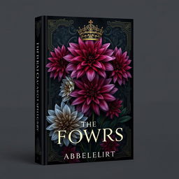 Create a book cover with a dark fantasy aesthetic featuring dahlia flowers and ornate crowns