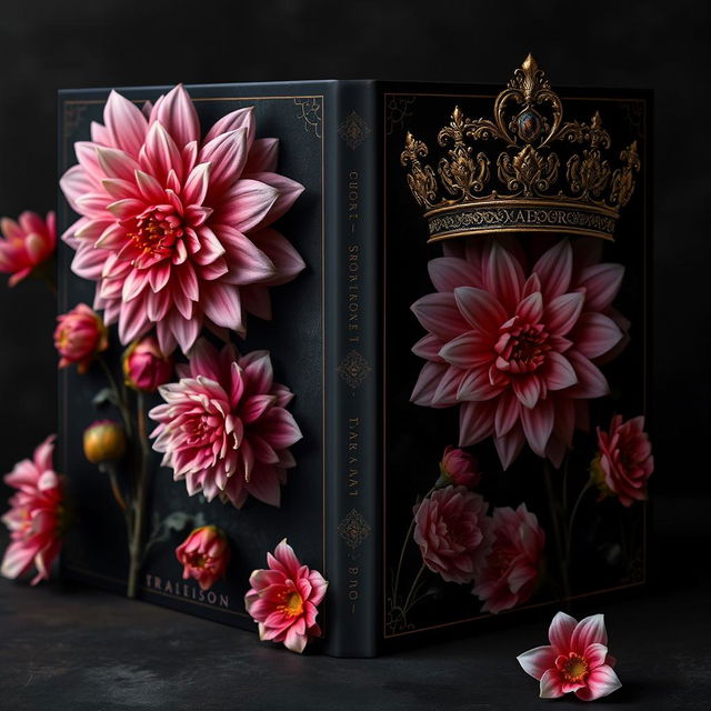 Create a book cover with a dark fantasy aesthetic featuring dahlia flowers and ornate crowns