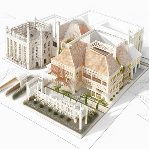 A 3D composition of a mixed colonial and modern habitat plan with interpenetration of forms and subtraction. Emphasize how the structures interact and blend, while showcasing areas where elements have been subtracted for effect.