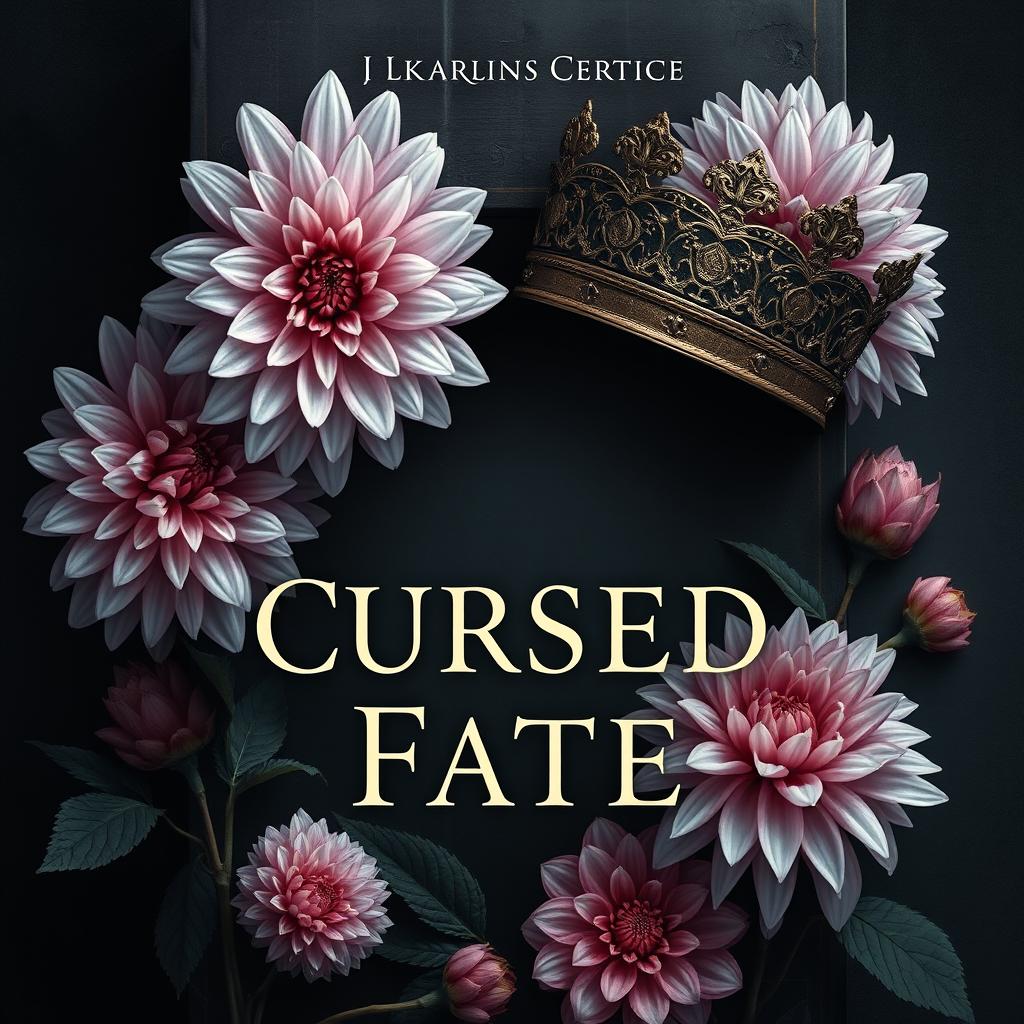 Create a book cover with a dark yet light aesthetic featuring dahlia flowers and ornate crowns