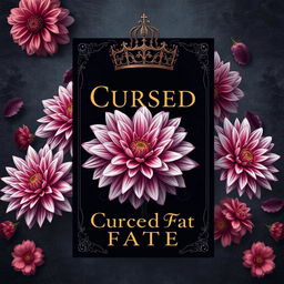 Create a book cover with a dark yet light aesthetic featuring dahlia flowers and ornate crowns