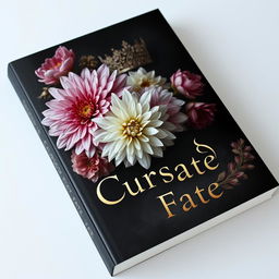 Create a book cover with a dark yet light aesthetic featuring dahlia flowers and ornate crowns