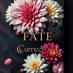 Create a book cover with a dark yet light aesthetic featuring dahlia flowers and ornate crowns