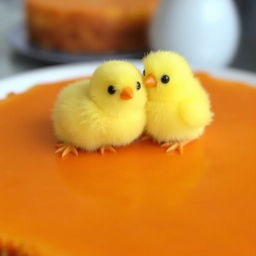 A delicious cheesecake with two adorable little chickens perched on top