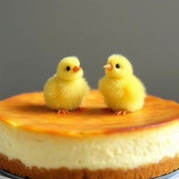 A delicious cheesecake with two adorable little chickens perched on top