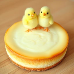 A delicious cheesecake with two adorable little chickens perched on top