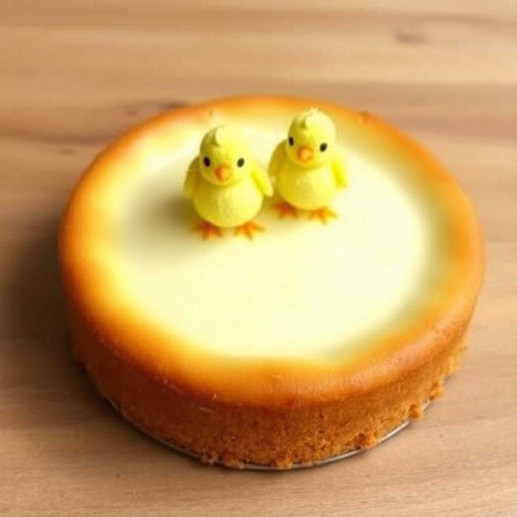 A delicious cheesecake with two adorable little chickens perched on top