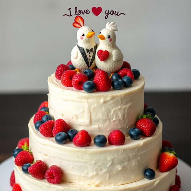 A two-floor vegan white cheesecake with two little mastic chickens on top, one dressed as a groom and the other as a bride, hugging and smiling