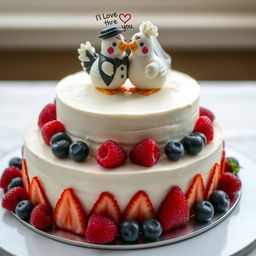 A two-floor vegan white cheesecake with two little mastic chickens on top, one dressed as a groom and the other as a bride, hugging and smiling