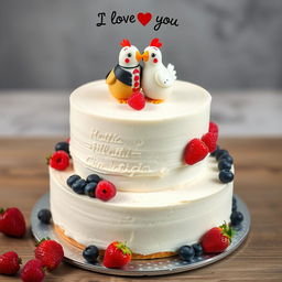 A two-floor vegan white cheesecake with two little mastic chickens on top, one dressed as a groom and the other as a bride, hugging and smiling