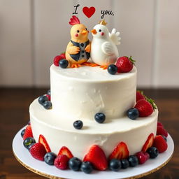 A two-floor vegan white cheesecake with two little mastic chickens on top, one dressed as a groom and the other as a bride, hugging and smiling