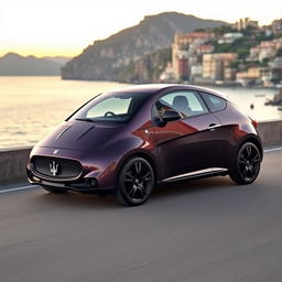 A Maserati Dueporte, a compact three-door city car, less than 4 meters long, inspired by the Fiat 500 but with typical Maserati lines