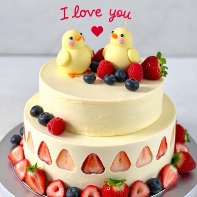 A two-floor vegan white cheesecake with two little yellow mastic chickens on top, hugging and smiling