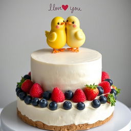 A two-floor vegan white cheesecake with two little yellow mastic chickens on top, hugging and smiling