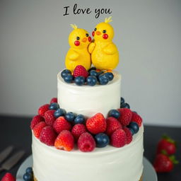 A two-floor vegan white cheesecake with two little yellow mastic chickens on top, hugging and smiling