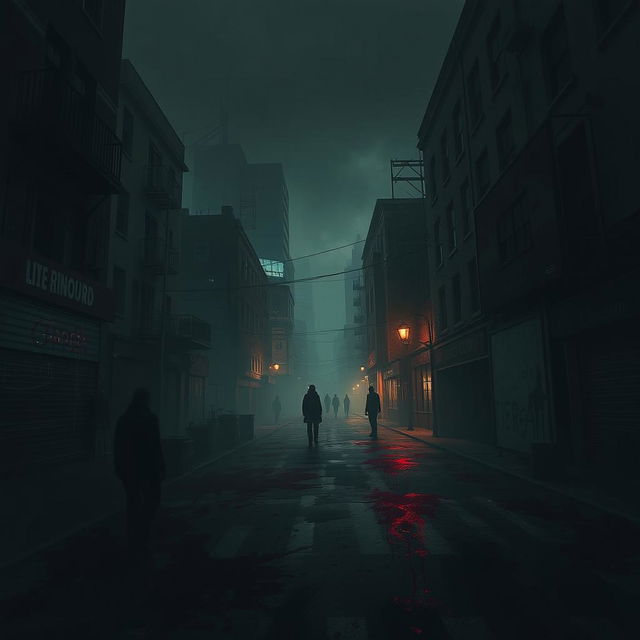 A dark and eerie cityscape with blood splatters on the streets and buildings