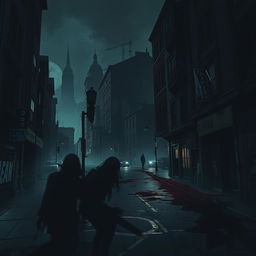 A dark and eerie cityscape with blood splatters on the streets and buildings