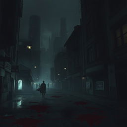 A dark and eerie cityscape with blood splatters on the streets and buildings