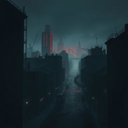 A dark, dystopian cityscape with buildings and streets covered in blood