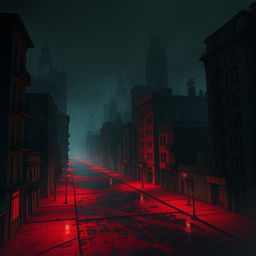 A dark, dystopian cityscape with buildings and streets covered in blood