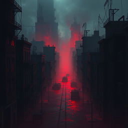 A dark, dystopian cityscape with buildings and streets covered in blood