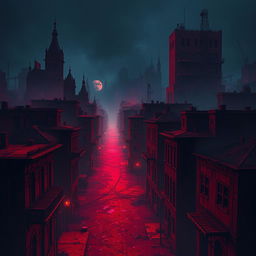 A dark, dystopian cityscape with buildings and streets covered in blood