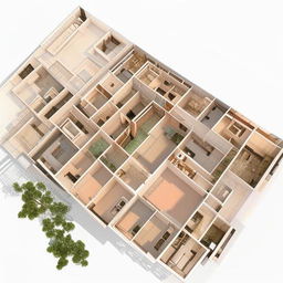 A 3D composition of a mixed colonial and modern habitat plan with interpenetration of forms and subtraction. Emphasize how the structures interact and blend, while showcasing areas where elements have been subtracted for effect.