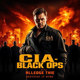 An action thriller movie poster featuring a determined CIA Black Ops agent standing in the foreground, with a burning cityscape behind him